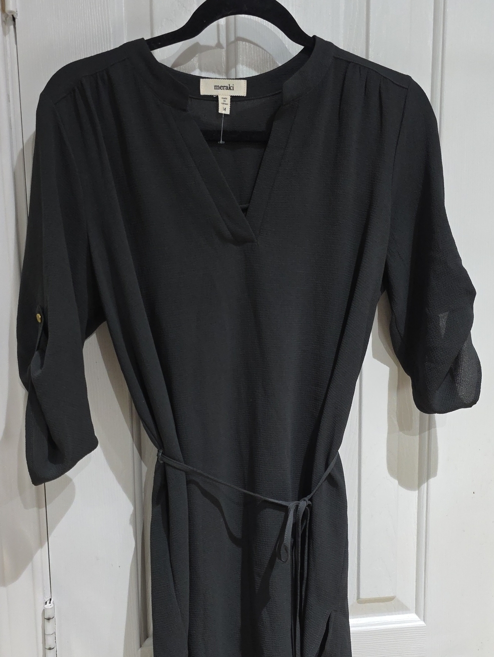 meraki Black V-Neck Tie-Waist Mini Dress Size M